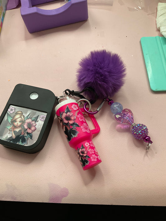 Stanley key chain with beaded Pom Pom